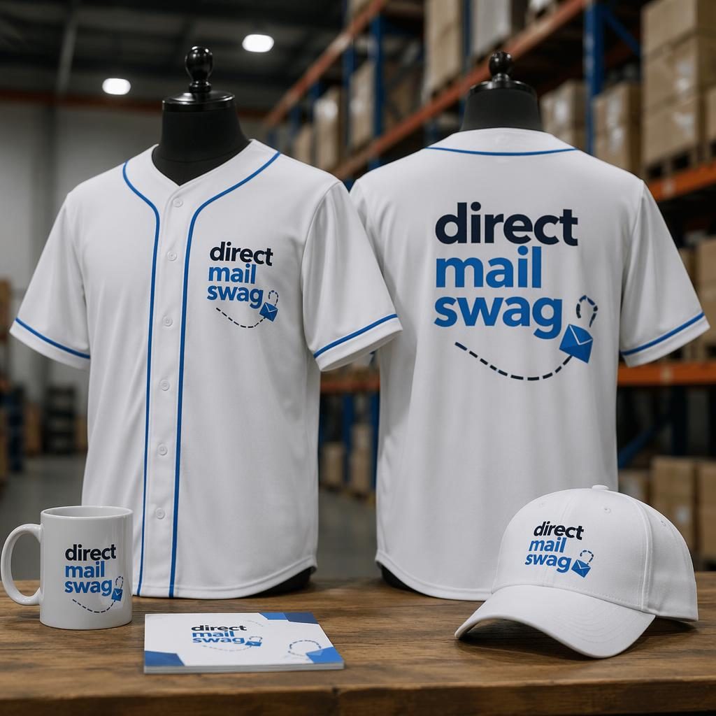 White baseball jersey mockup with wrap-around direct mail swag logo in a tech blue palette, styled in an industrial studio.