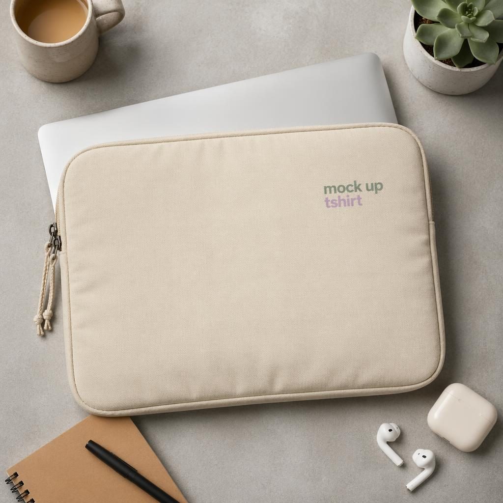 Beige sand laptop sleeve flat lay mockup with small mock up tshirt logo, pastel palette, studio lighting.