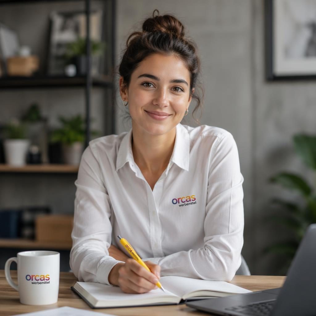 Fotorealistischer senfgelber Kugelschreiber als Produkt-Mockup mit kleinem orcas werbemittel Logo im Studio