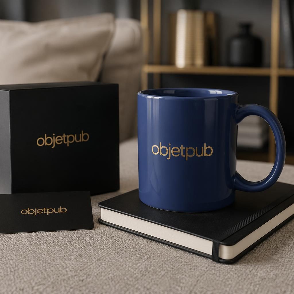 Mug bleu royal avec logo objetpub sur manchon, style maison cosy, palette noir et or, photo studio nette.