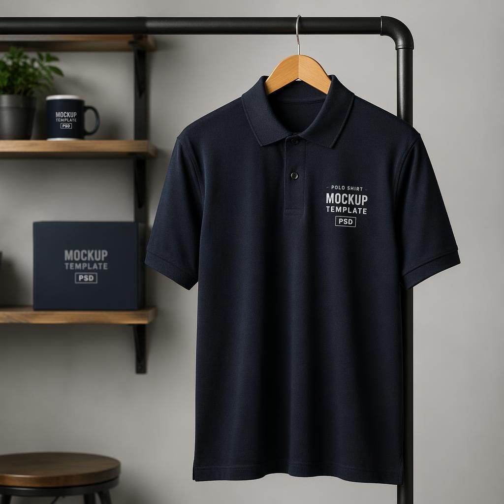 Navy polo shirt hanging on a rack with a small left chest logo in a minimal monochrome studio mockup.