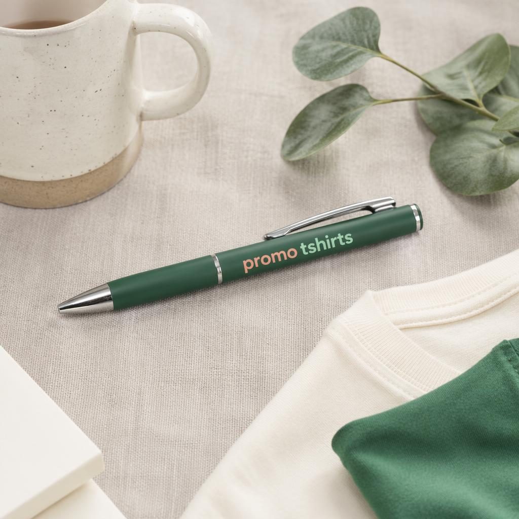 Studio flat lay mockup of a forest green pen with promo tshirts logo wrap, soft pastel palette, sharp realistic detail.
