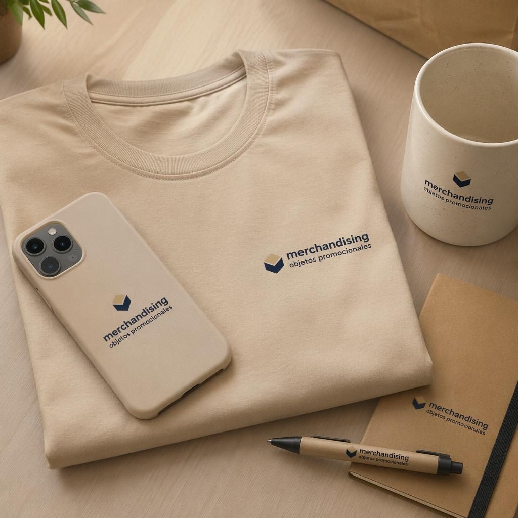 Funda de móvil color beige arena en mockup fotográfico de estudio, con logo pequeño y paleta azul marino y crema