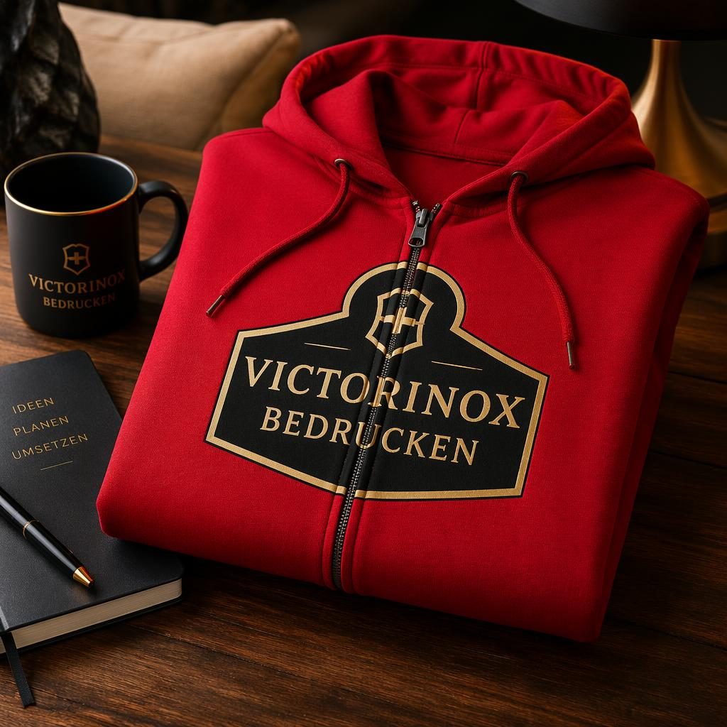 Fotorealistischer roter Zip-Hoodie mit großem victorinox bedrucken Logo im Cozy-Home-Setting