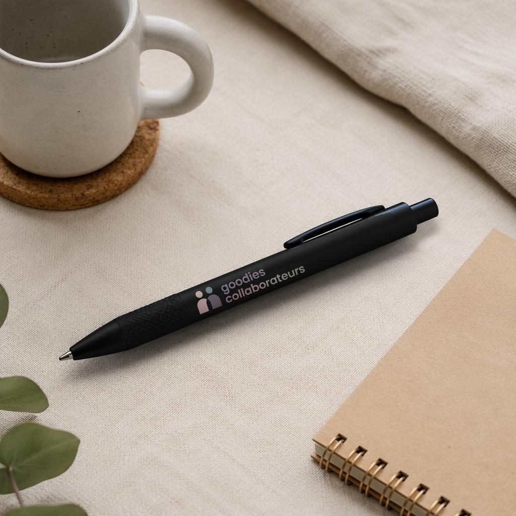 Stylo noir en flat lay studio avec logo goodies collaborateurs, lumière douce et rendu photo réaliste net.