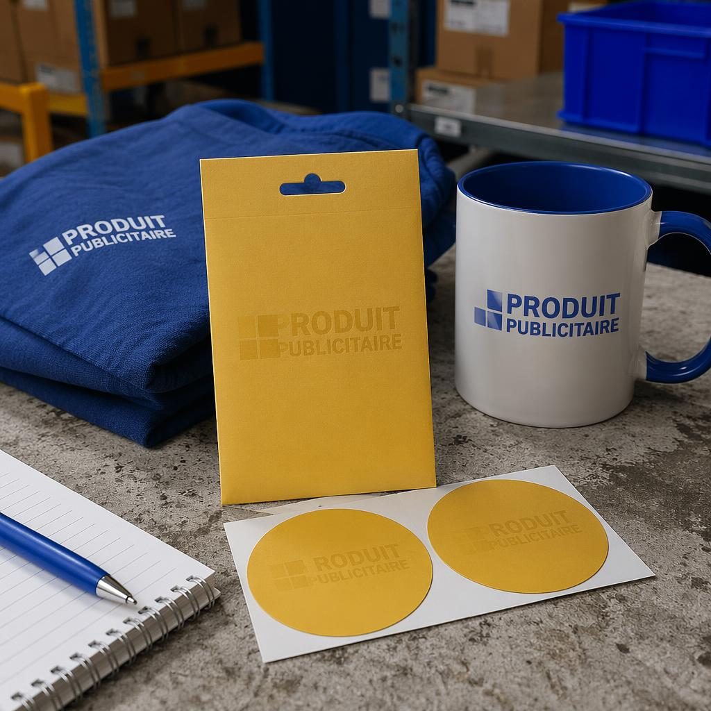 Pack de stickers jaune moutarde en mockup photo réaliste, logo ton sur ton subtil, ambiance entrepôt industriel.