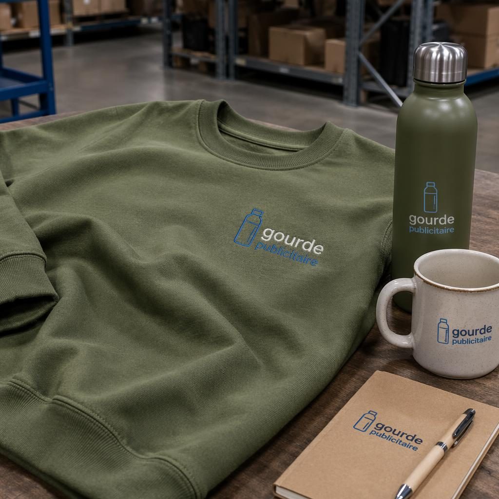 Mockup photo d’un sweat olive avec logo brodé gourde publicitaire, ambiance entrepôt industriel, lumière studio