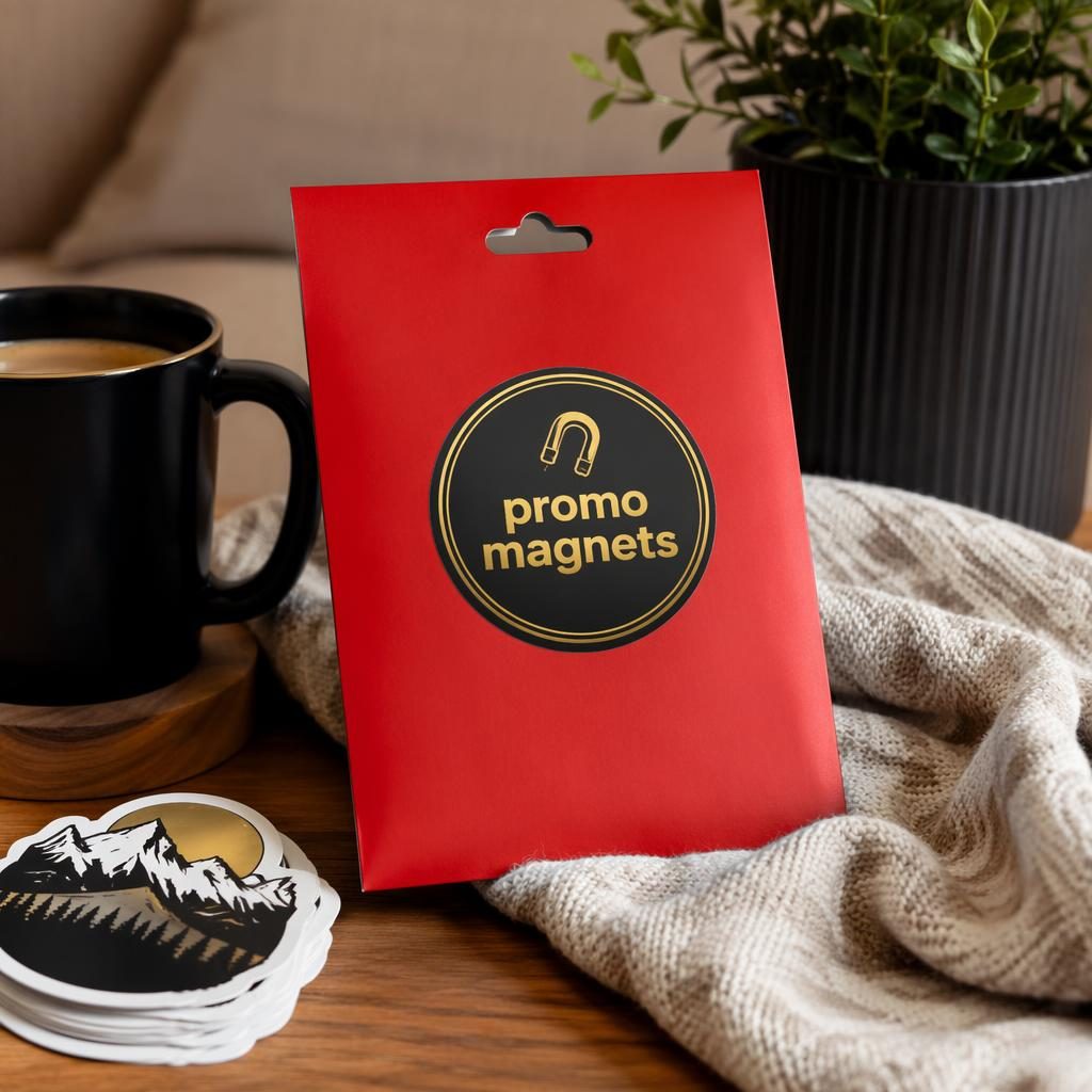 Photo-real red sticker pack mockup with promo magnets logo on the back, styled in a cozy home scene with black and gold branding.
