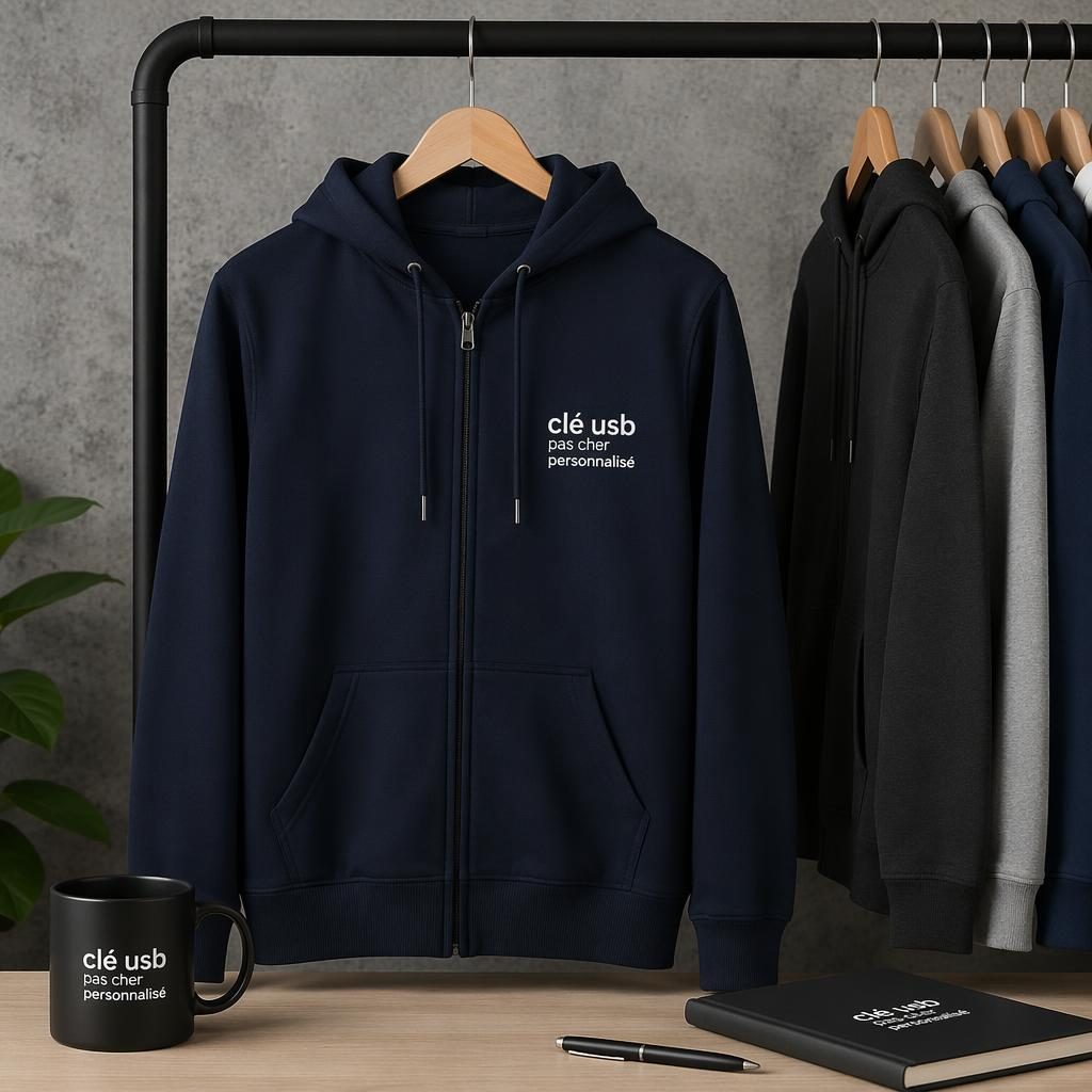 Hoodie zippé bleu marine suspendu sur un portant, avec petit logo monochrome à gauche de la poitrine.