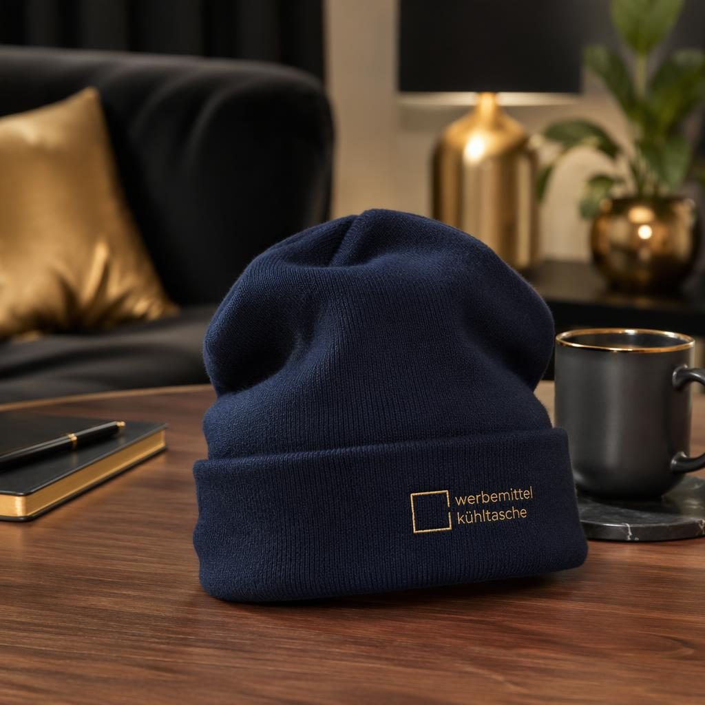 Fotorealistisches Navy-Beanie-Mockup mit kleinem werbemittel kühltasche Logo in Schwarz und Gold im Cozy-Home-Stil.