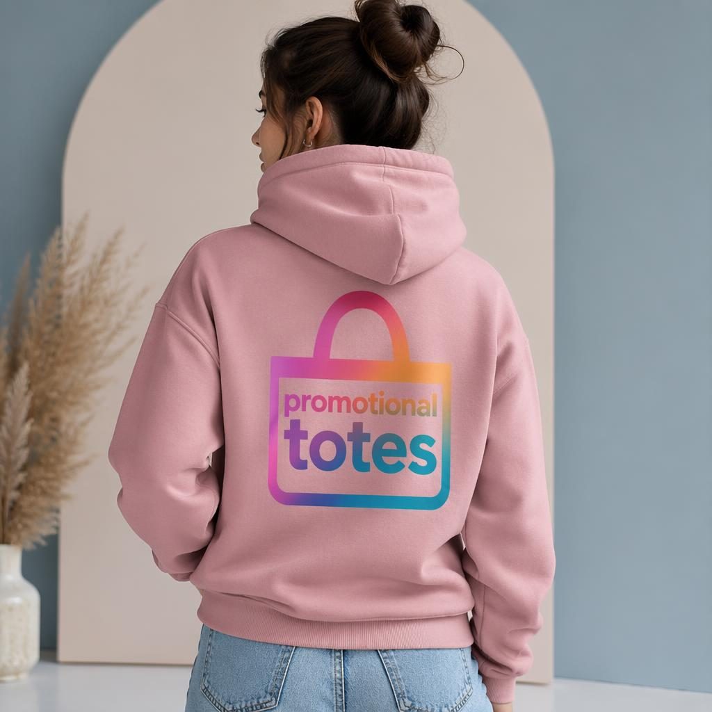 Model wearing a dusty pink hoodie with a vibrant gradient promotional totes logo printed across the full back.