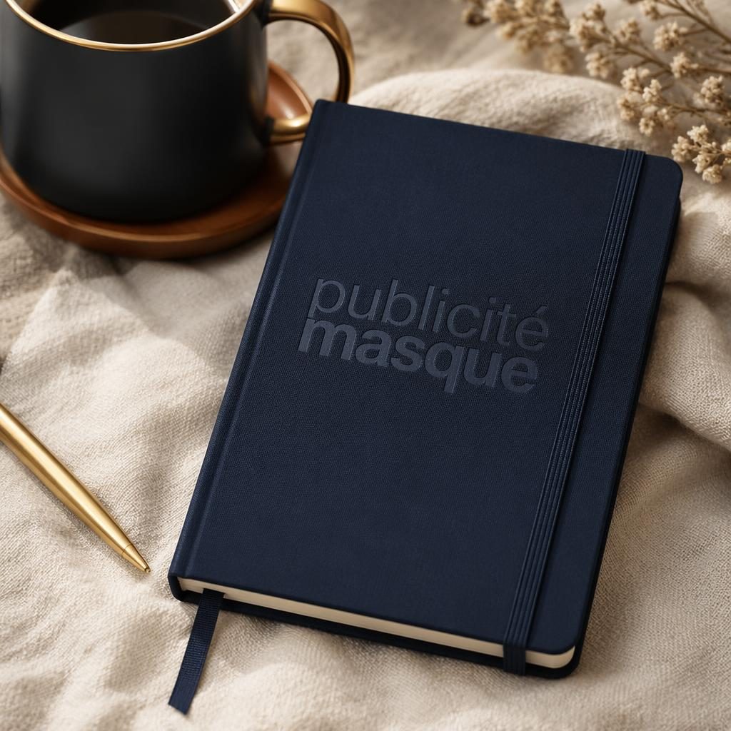 Carnet bleu marine avec logo ton sur ton publicité masque, posé dans un intérieur cosy avec accents noir et or.