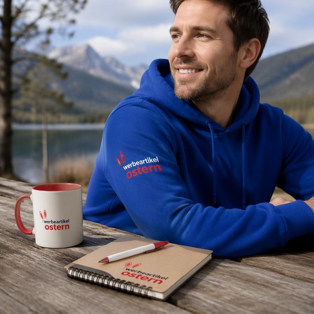Fotorealistischer royalblauer Hoodie im Outdoor-Lifestyle-Mockup mit rotem und weißem Logo am Ärmel