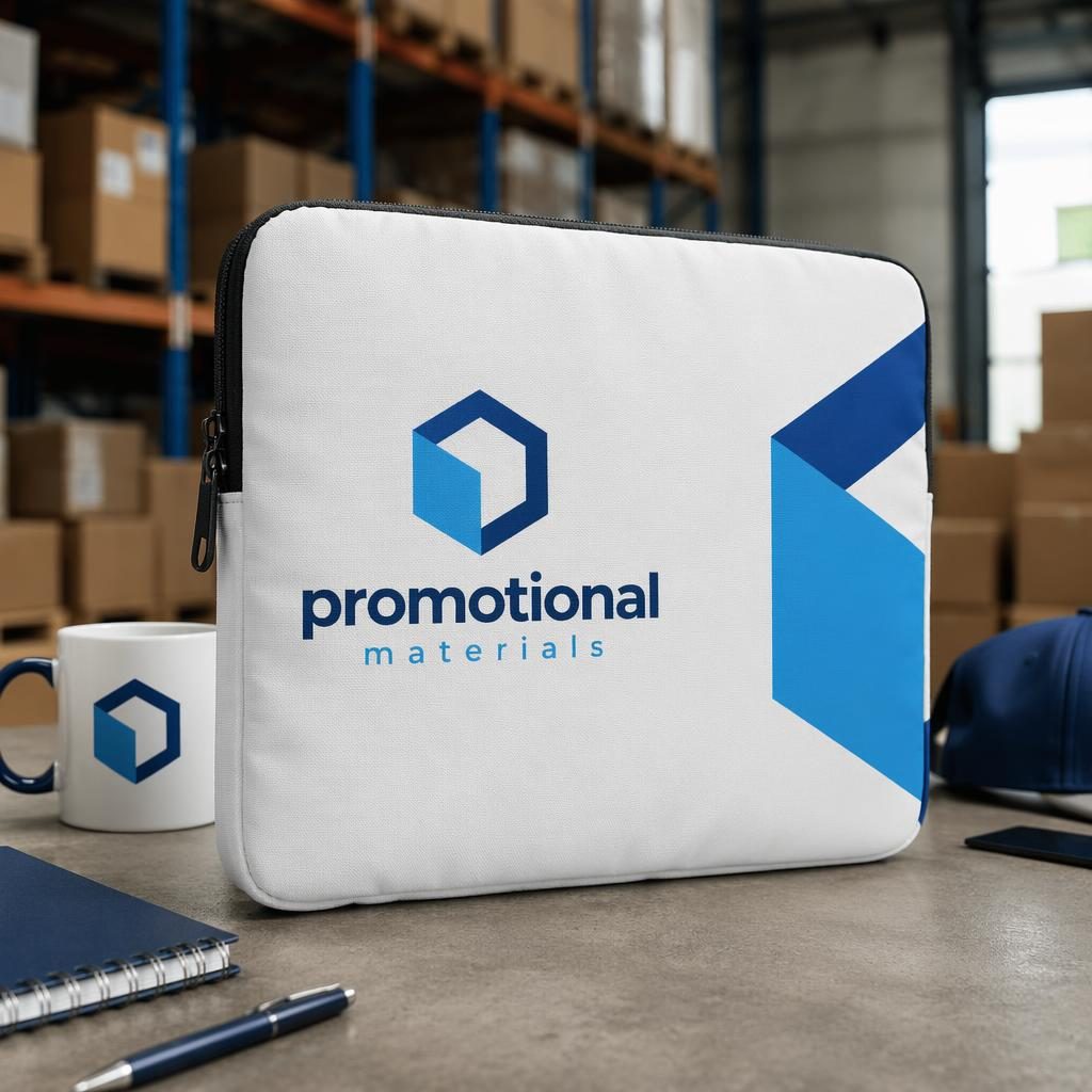 White laptop sleeve mockup with wrap-around promotional materials logo in a blue industrial warehouse setting