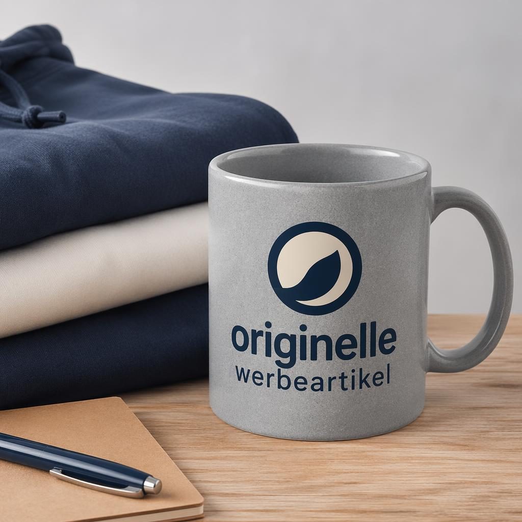 Fotorealistisches Mockup einer hellgrauen Keramiktasse mit großem originelle werbeartikel Logo in Navy und Creme