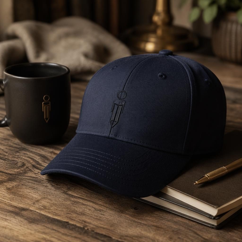 Photo-real navy cap mockup with subtle tone-on-tone bic pen logo in a cozy luxury home studio setting.