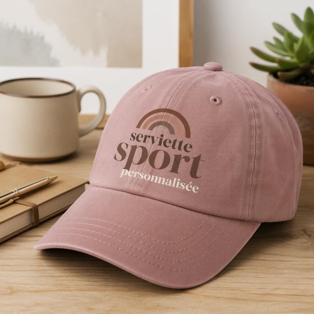 Casquette rose poudré en mockup photo réaliste sur bureau lifestyle, logo typographique générique en grand print.