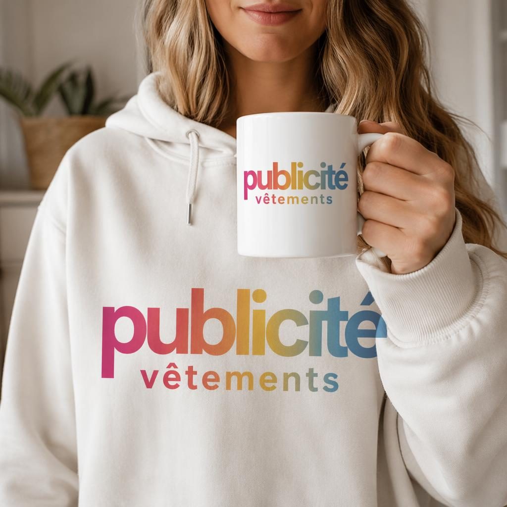 Mockup photo réaliste d’un mug blanc en céramique avec logo générique coloré publicité vêtements en studio