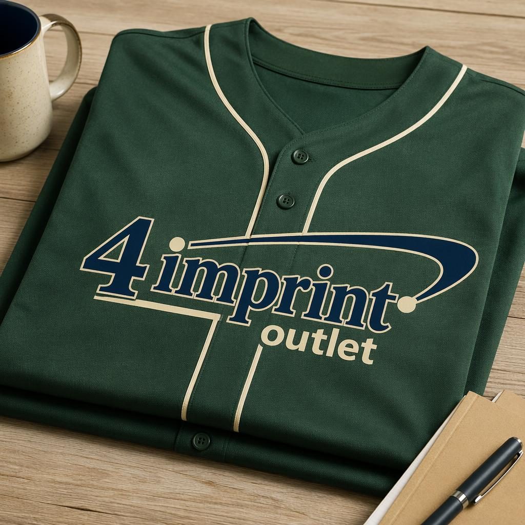 Folded stack mockup of a forest green baseball jersey with 4imprint outlet logo in navy and cream on chest