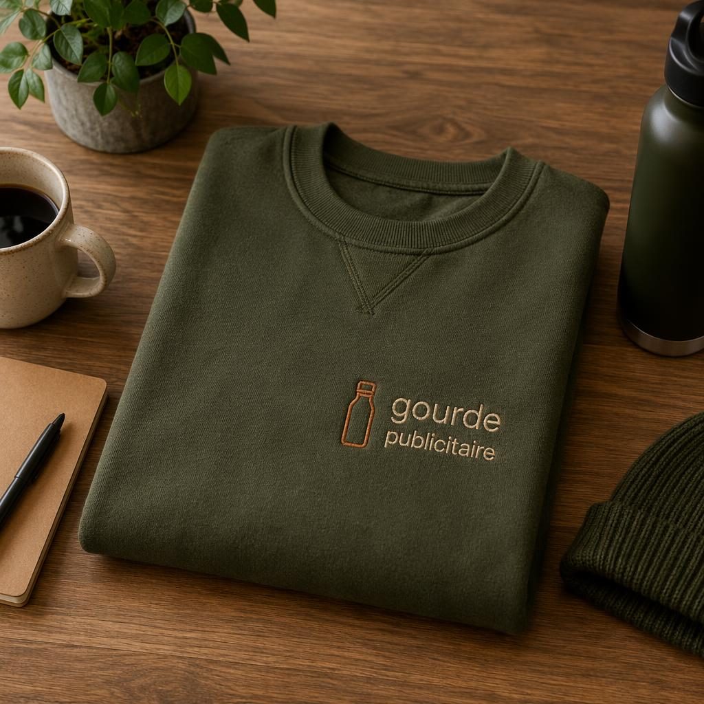 Mockup photo réaliste d’un sweat olive brodé avec logo générique, posé sur un bureau lifestyle aux tons terre.