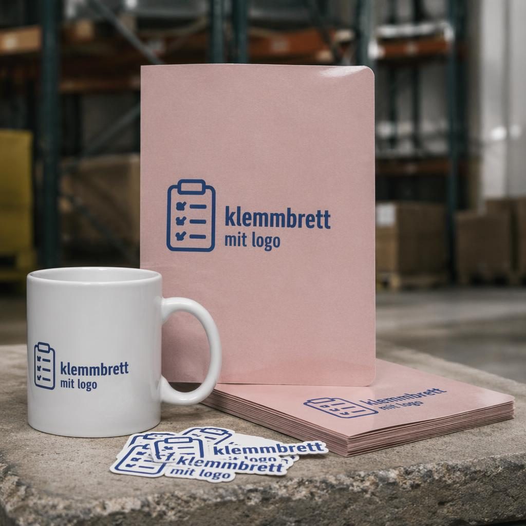 Fotorealistisches Sticker-Pack in Dusty Pink mit Logo auf der Rückseite, Industrial-Setting, scharfer Studioaufnahme