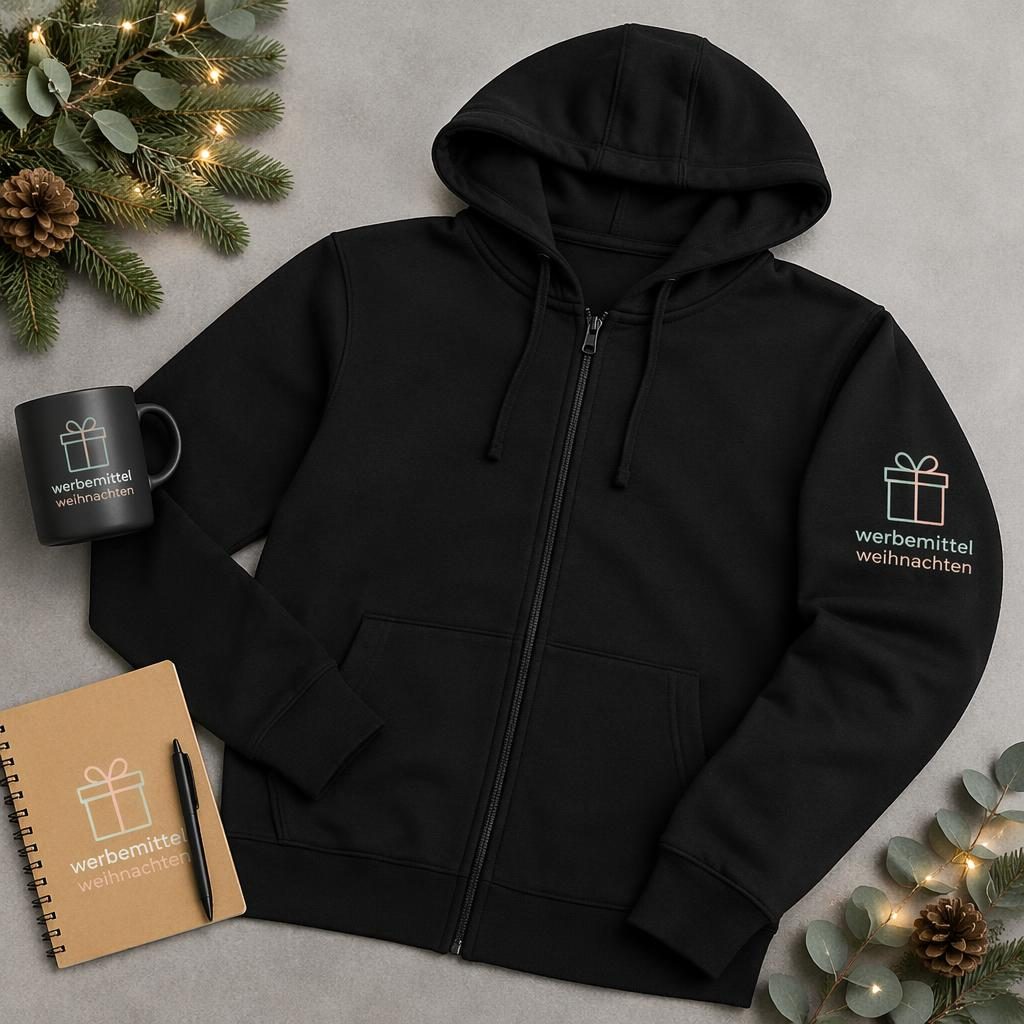 Schwarzer Zip-Hoodie im Studio-Flatlay mit Logo auf dem Ärmel, pastellfarbene Akzente und natürliche Stoffstruktur