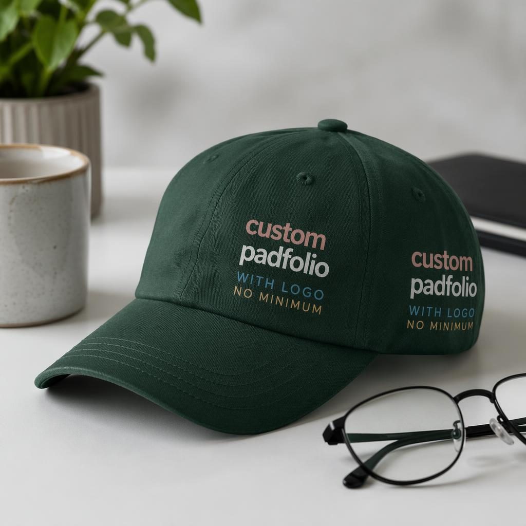 Studio flat lay of a forest green cap with wraparound placeholder logo, sharp fabric texture and soft pastel styling.