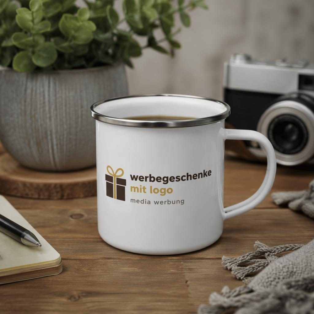 Weiße Emaille-Tasse mit mittigem Typo-Logo auf Schreibtisch in warmer Lifestyle-Szene, scharf und fotorealistisch