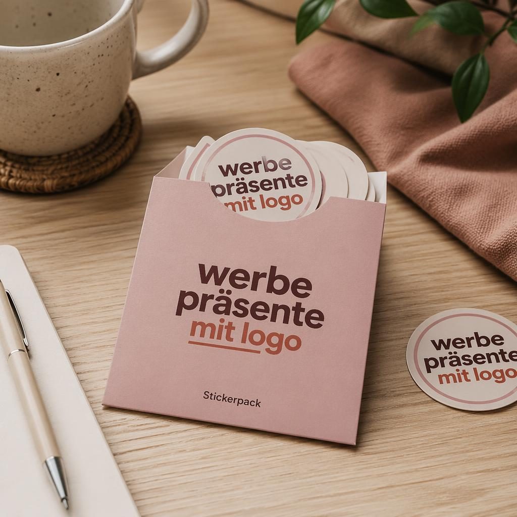 Fotorealistisches Sticker-Pack in Dusty Pink auf Schreibtisch, mit großem Logo-Print in warmen Erdtönen.