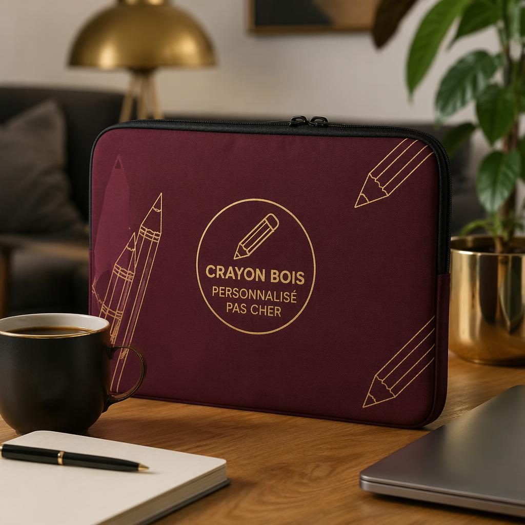 Mockup photo d’une housse d’ordinateur bordeaux avec logo noir et or, style maison cosy, rendu textile réaliste.