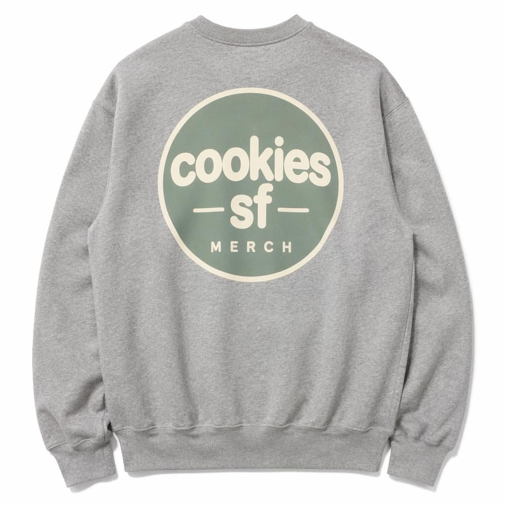 Heather gray crewneck mockup with cookies sf merch logo printed on the full back, isolated on a white background.