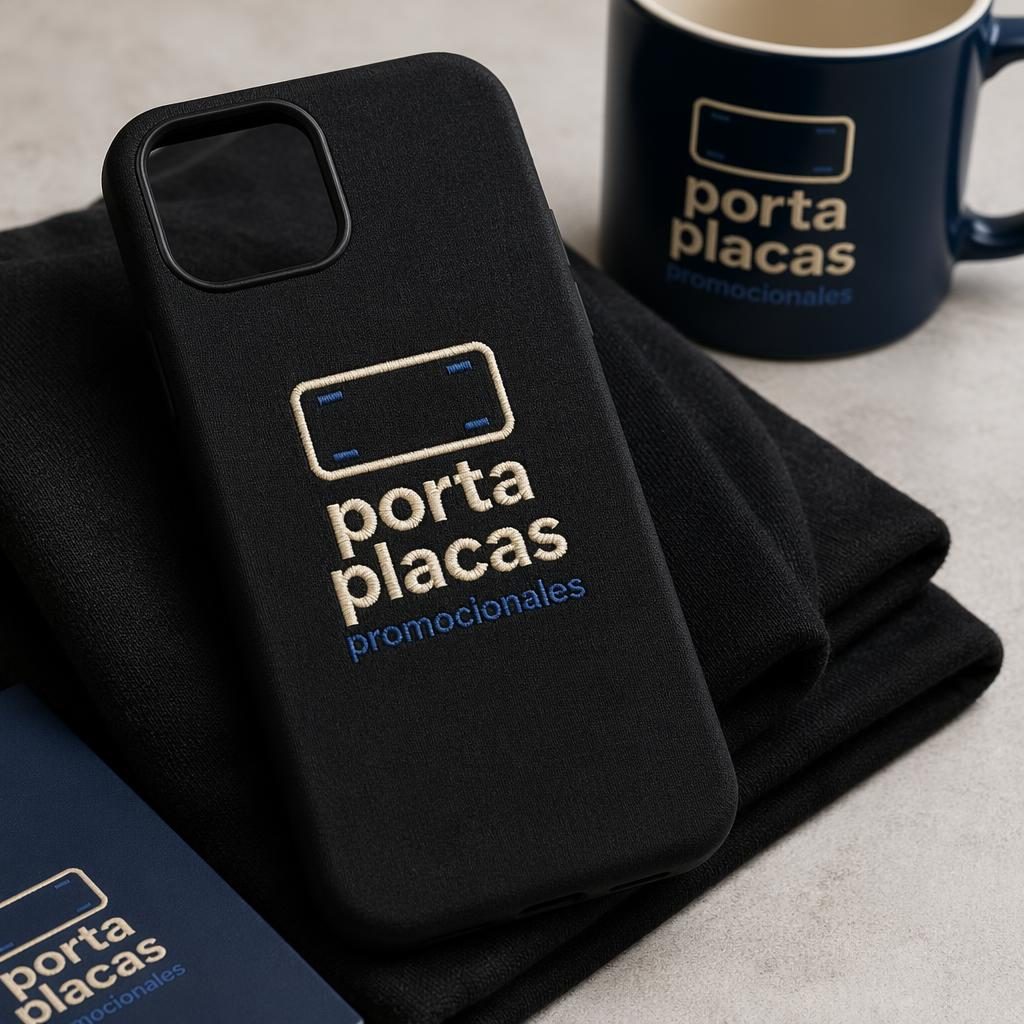 Funda de teléfono negra con logo porta placas promocionales bordado, en mockup de estudio con enfoque nítido.