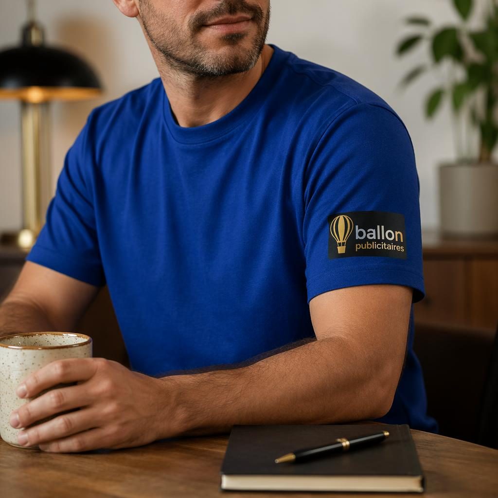 Mockup photo réaliste d’un t-shirt bleu roi avec logo ballon publicitaires sur la manche, ambiance maison cosy.