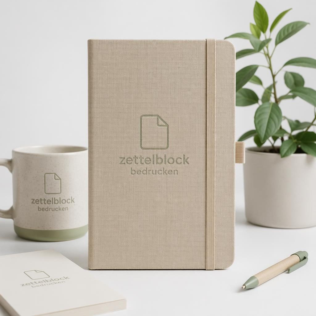 Beiger Notizblock als realistisches Produkt-Mockup auf weißem Hintergrund mit dezentem Ton-in-Ton-Logo.