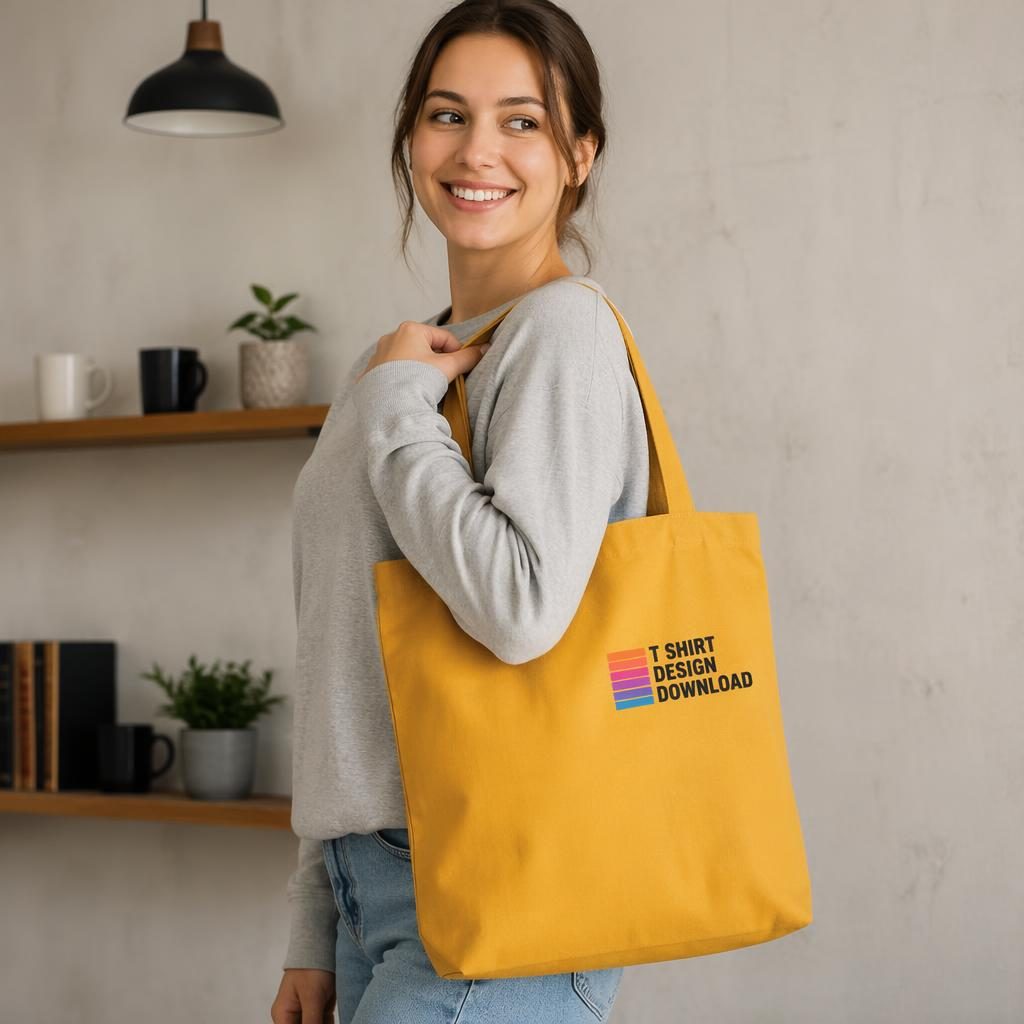 Model wearing a mustard yellow tote bag mockup with a small colorful placeholder logo, studio-lit with realistic fabric texture