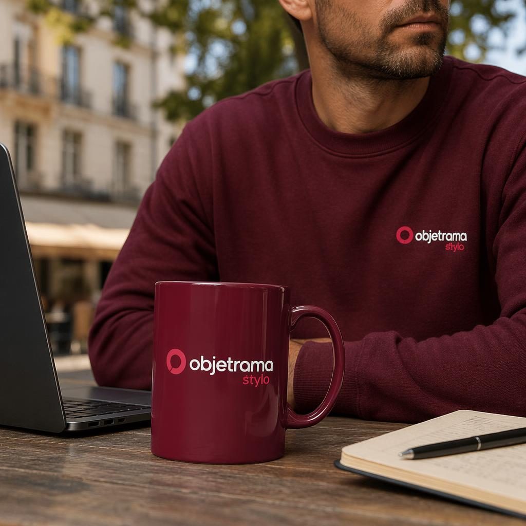Mockup photo réaliste d’un mug bordeaux avec logo objetrama stylo rouge et blanc, en extérieur, lumière naturelle.