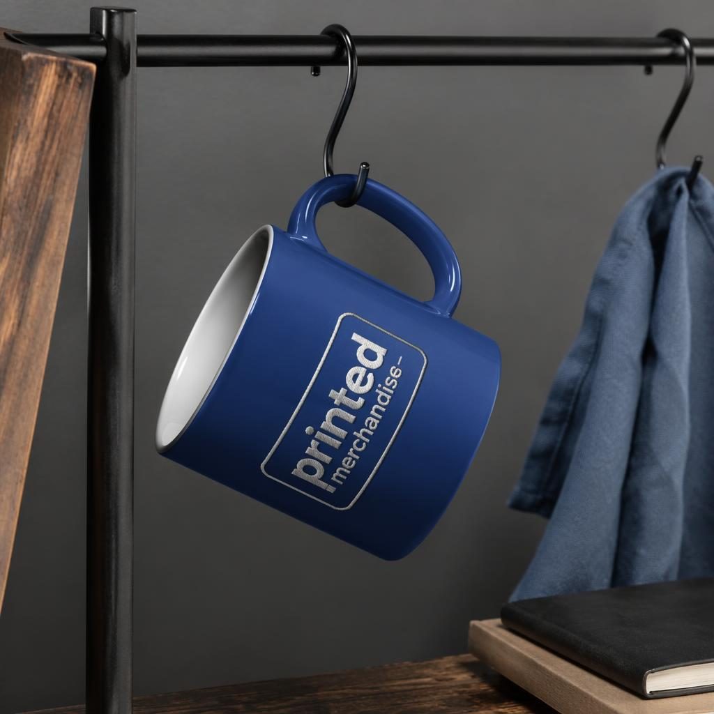 Royal blue ceramic mug mockup with generic printed merchandise logo, studio-lit with sharp focus and minimal palette
