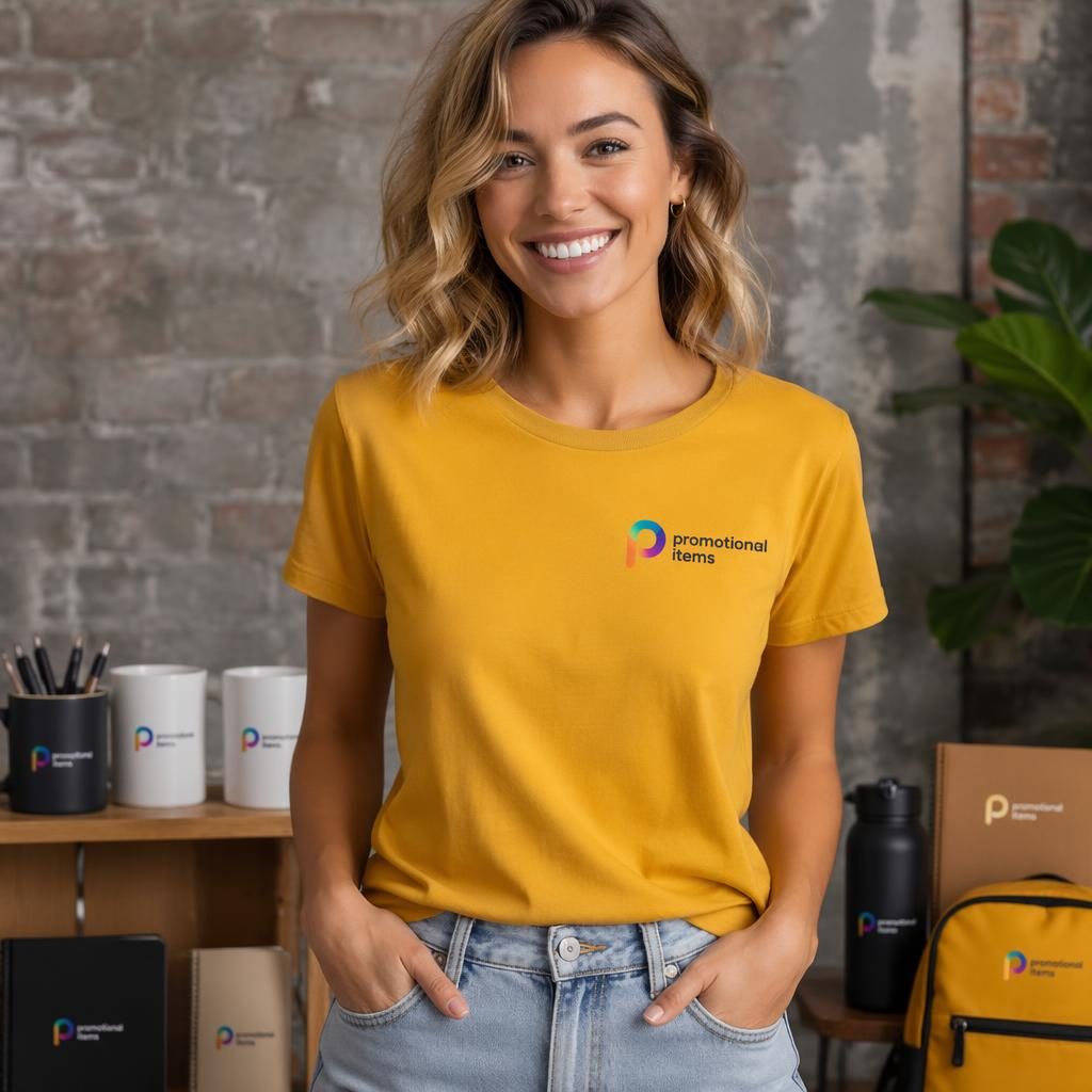 Model wearing a mustard yellow shirt with a small left-chest sticker pack logo in a vibrant gradient studio mockup