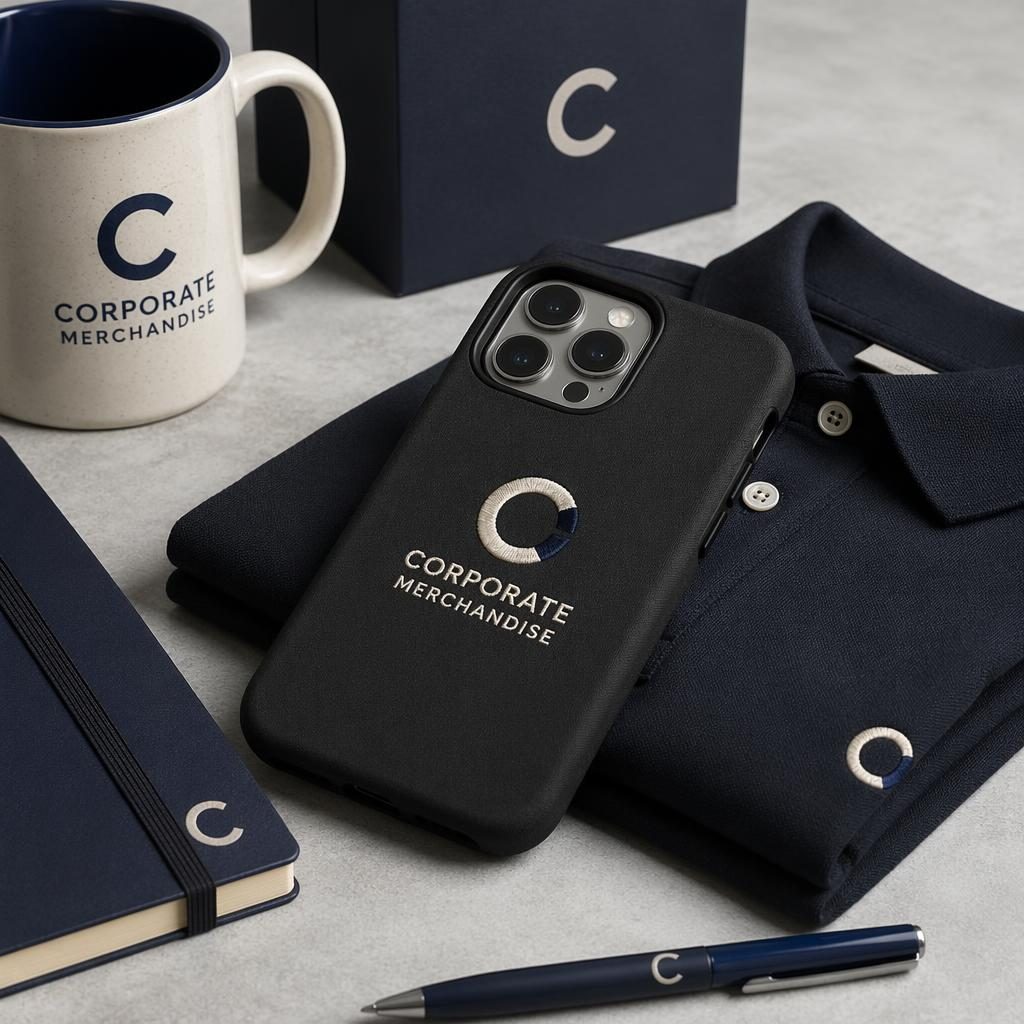 Black phone case mockup with generic corporate merchandise logo in navy and cream, photographed in a studio setup