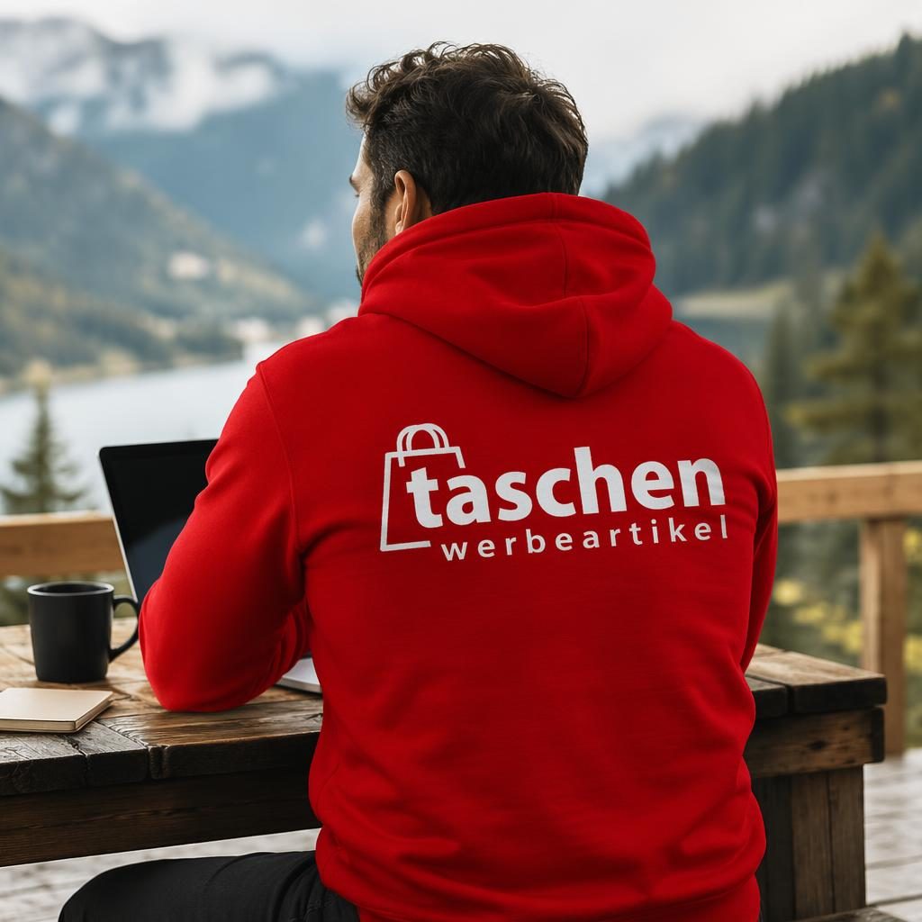 Fotorealistischer roter Zip-Hoodie im Outdoor-Mockup mit weißem taschen werbeartikel Logo auf dem Rücken