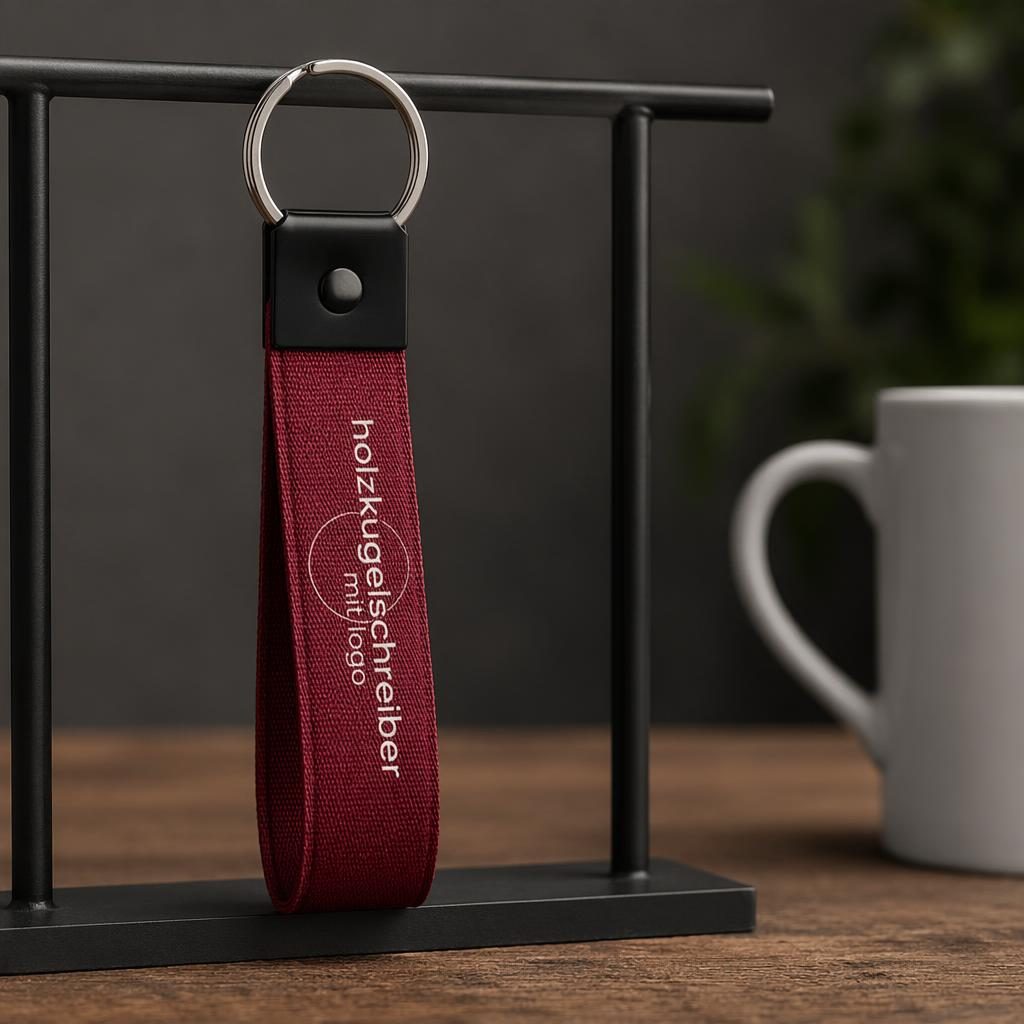 Bordeauxfarbener Schlüsselanhänger hängt an einem Rack, mit umlaufendem Logo in minimalistischer Monochrom-Optik