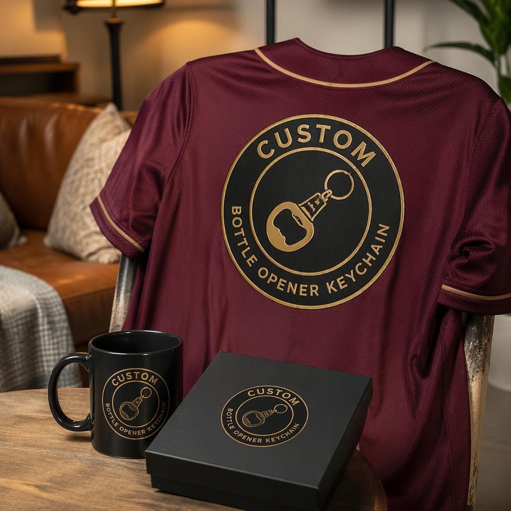Photo-real burgundy baseball jersey mockup in a cozy home setting with a black and gold custom bottle opener keychain logo