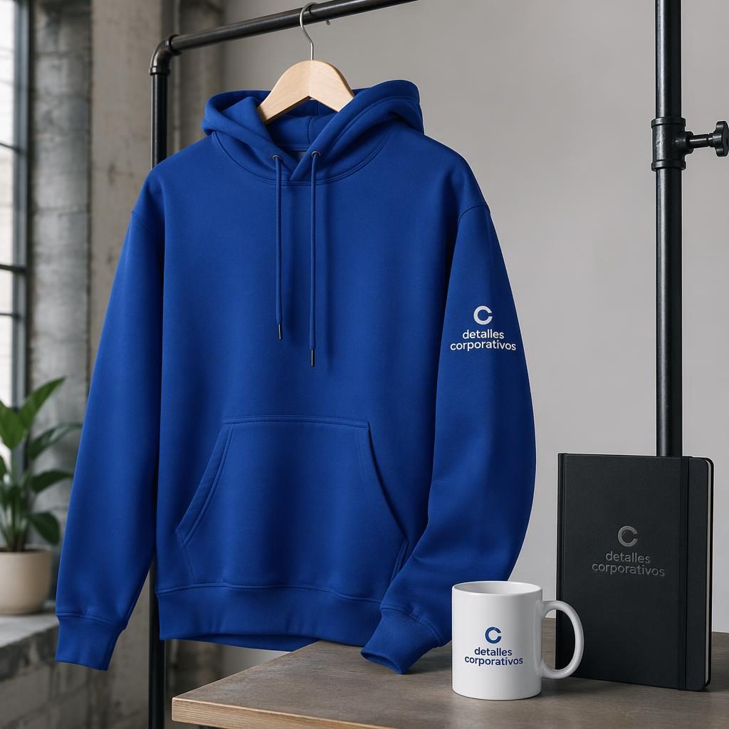 Sudadera azul rey colgada en perchero con logo detalles corporativos en la manga, estilo mockup fotográfico