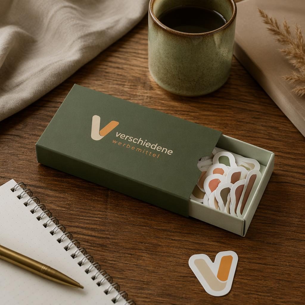 Fotorealistisches olivgrünes Sticker-Pack im Desk-Lifestyle-Setup mit Sleeve und verschiedene werbemittel Logo