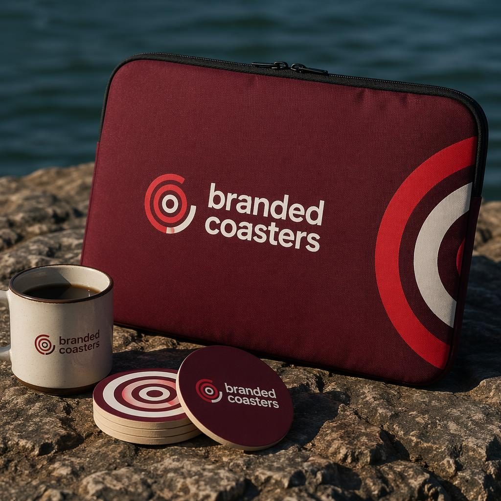 Photoreal burgundy laptop sleeve mockup outdoors with wraparound branded coasters logo in bold red and white