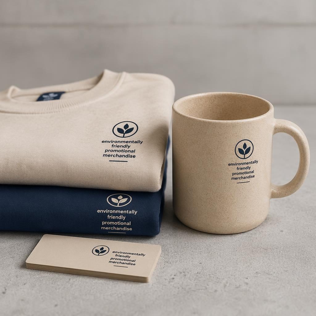Photoreal beige sand ceramic mug mockup with small generic eco logo, folded stack styling, navy and cream palette.