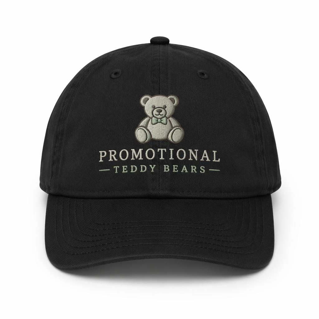Black embroidered cap mockup on a white background with a sage and ivory promotional teddy bears logo