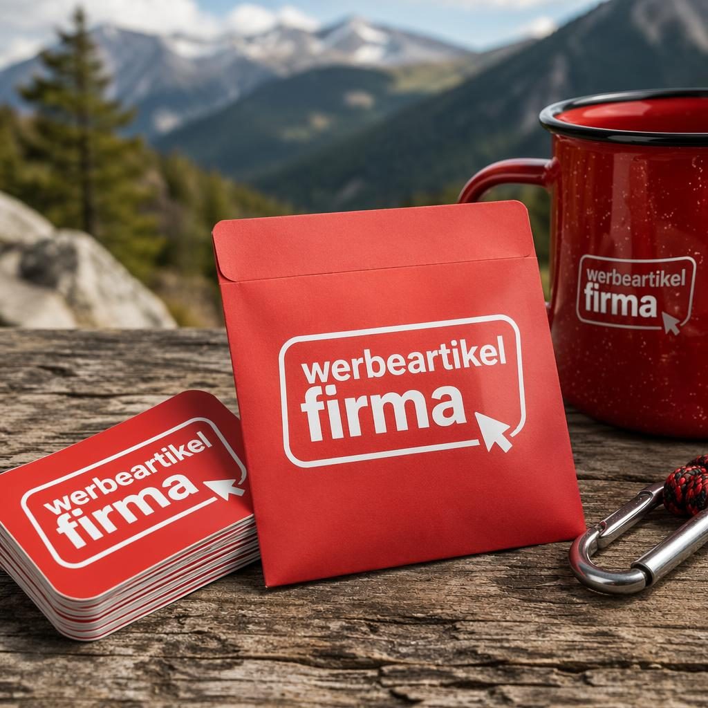 Fotorealistisches rotes Sticker-Pack mit großem werbeartikel firma Logo als Outdoor-Merch-Mockup