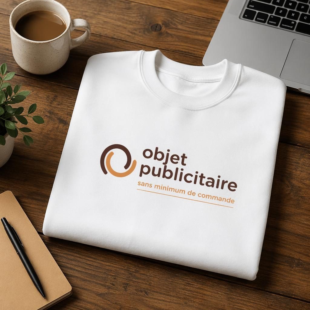 Mockup photo d’un sweat blanc col rond sur bureau lifestyle, logo centré, mug et papier, tons terre chauds.
