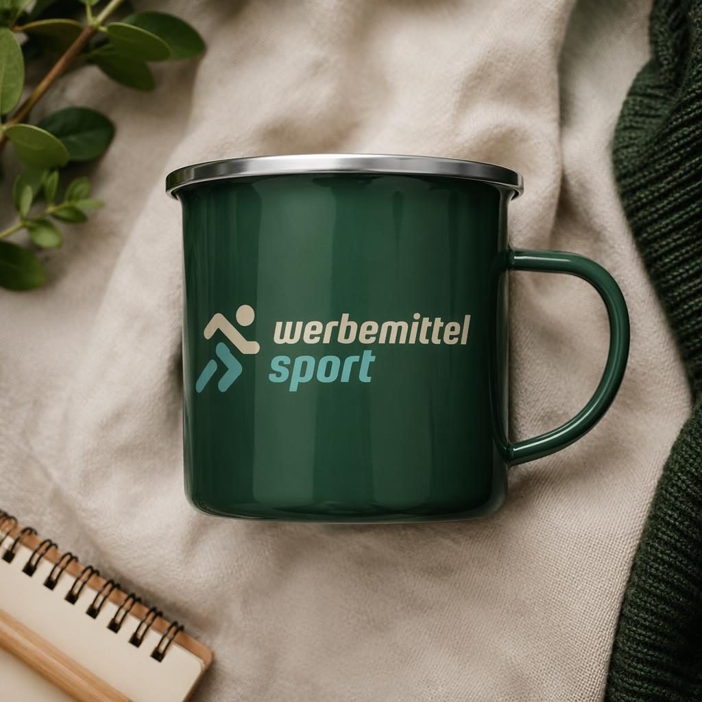 Fotorealistisches Flatlay einer waldgrünen Emaille-Tasse mit umlaufendem werbemittel sport Logo im Studio